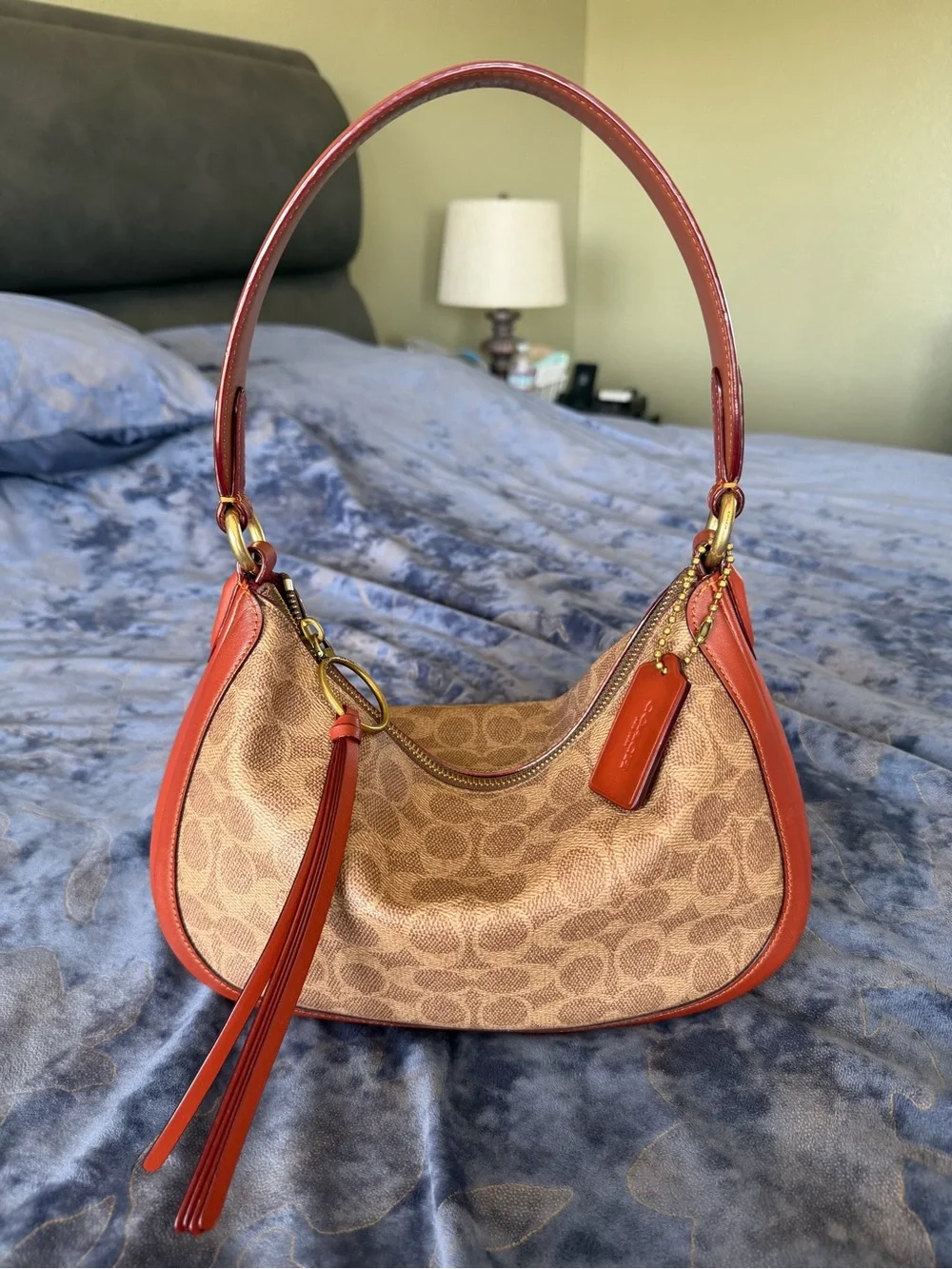 Coach Brown Signature Canvas Hobo with Burnt Orange Leather Trim